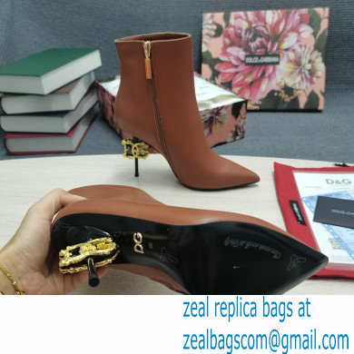 Dolce  &  Gabbana Thin Heel 10.5cm Leather Ankle Boots Brown with Baroque DG Heel 2021